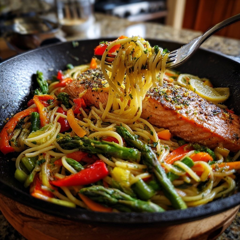 Pasta Primavera mit Honig-Zitronen-Lachs