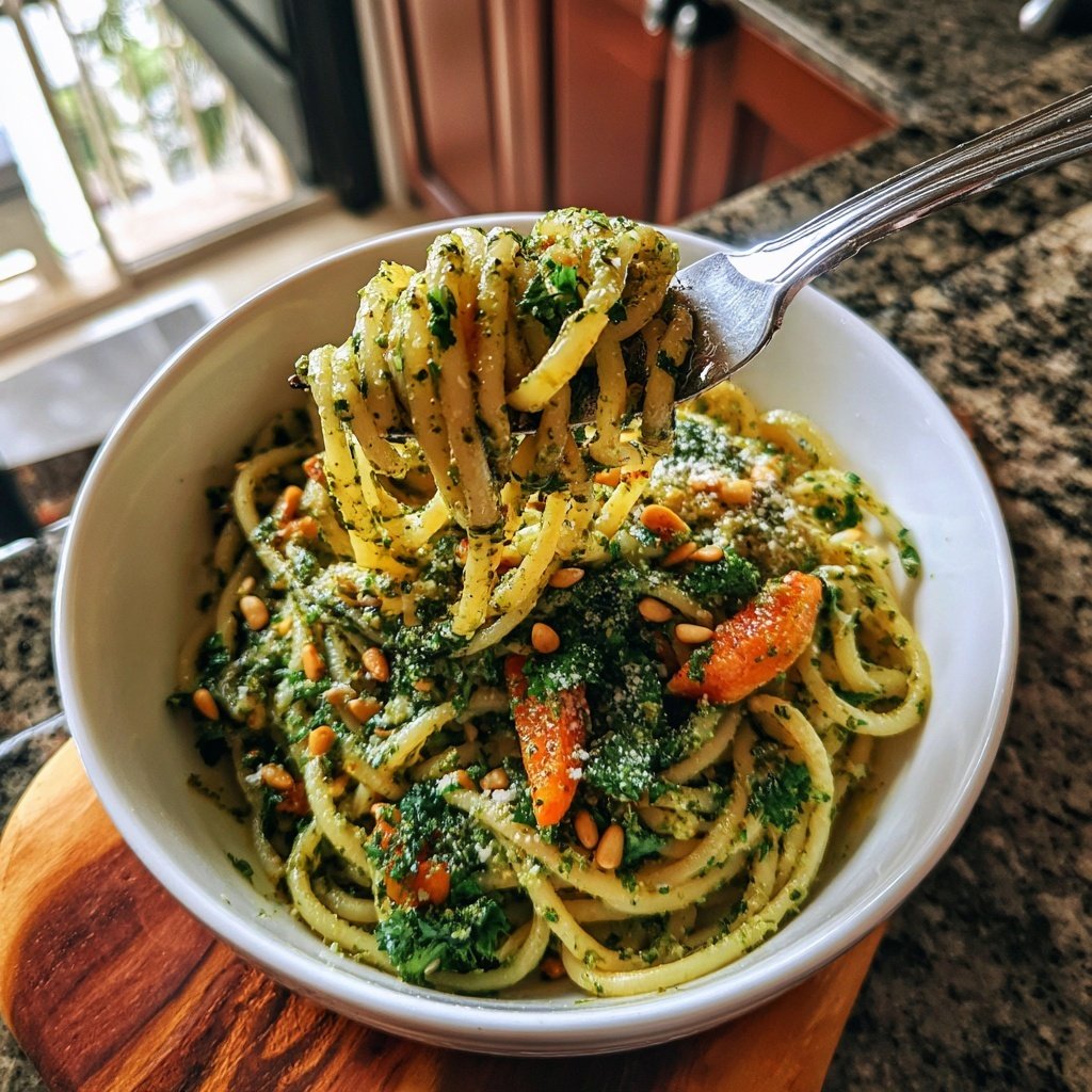 Basil Pesto Pasta mit Gemüse