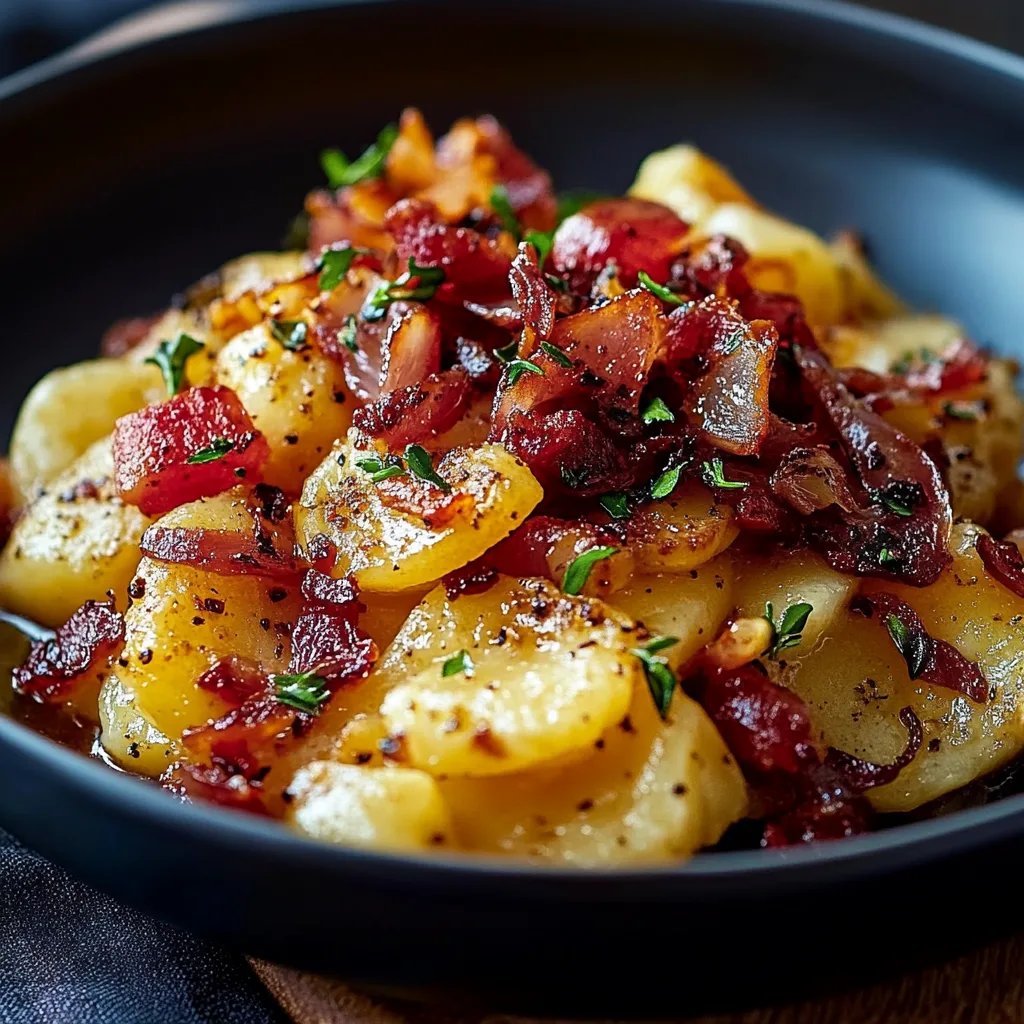Kartoffelstampf mit karamellisierten Zwiebeln und Speck