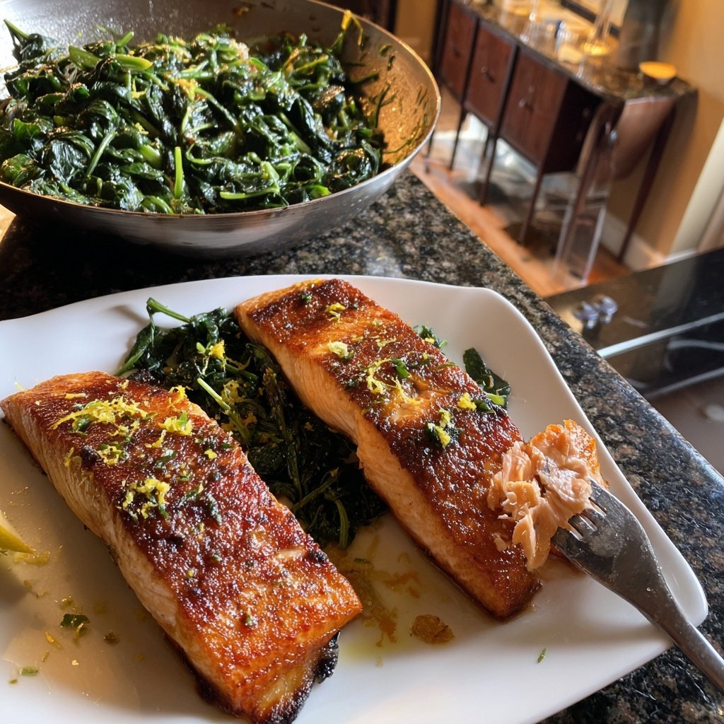 In der Pfanne gebratener Lachs mit Knoblauchspinat